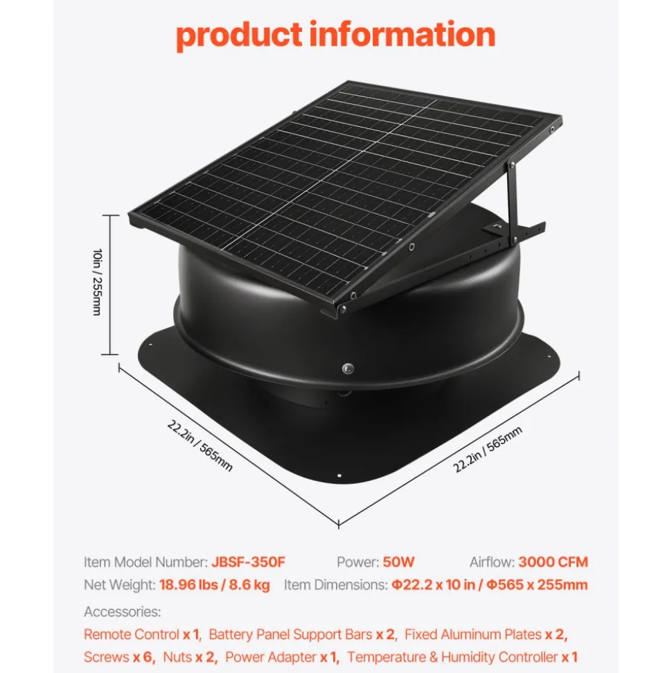 VEVOR Roof Attic Exhaust Fan, 50W Smart Solar Roof Ventilation Fan with Thermostat, Remote Control, 3000 CFM Airflow Built-in Smoke Sensor with Auto Stop for Cooling and Dehumidification