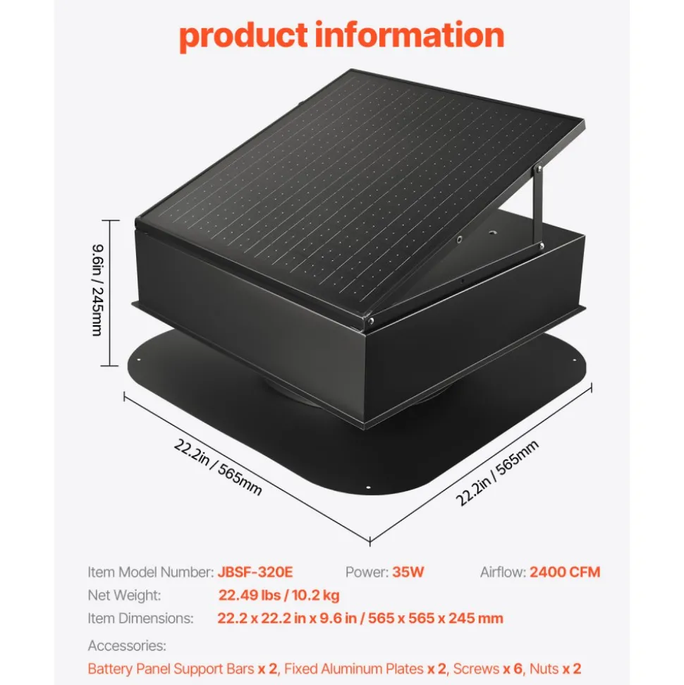 VEVOR Roof Attic Exhaust Fan, 35W Smart Solar Roof Ventilation Fan Auto Temperature Control, 2400 CFM Airflow Built-in Brushless DC Motor for Cooling and Dehumidification, No Remote