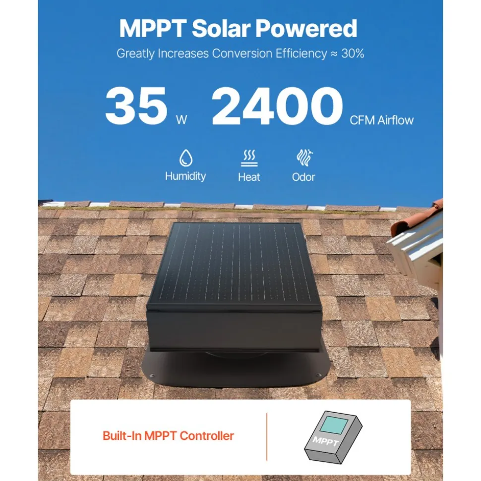 VEVOR Roof Attic Exhaust Fan, 35W Smart Solar Roof Ventilation Fan Auto Temperature Control, 2400 CFM Airflow Built-in Brushless DC Motor for Cooling and Dehumidification, No Remote