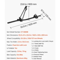 VEVOR Roof Bike Rack, 33 lbs Capacity, Upright Roof Mount Bicycle Rack with Secure Locking System for Most Standard Crossbars, Aluminum Upright Rooftop Bike Rack 1 Bike Carrier for Car SUV, Black
