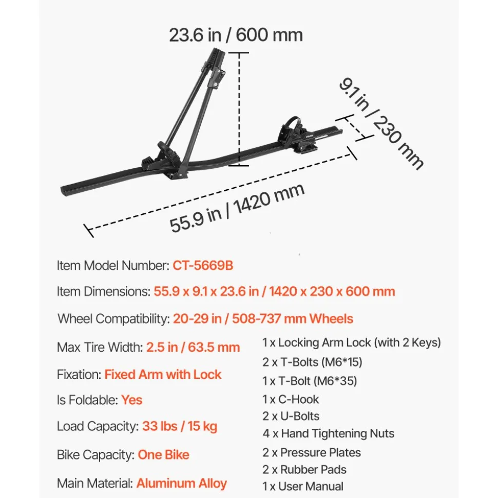 VEVOR Roof Bike Rack, 33 lbs Capacity, Upright Roof Mount Bicycle Rack with Secure Locking System for Most Standard Crossbars, Aluminum Upright Rooftop Bike Rack 1 Bike Carrier for Car SUV, Black