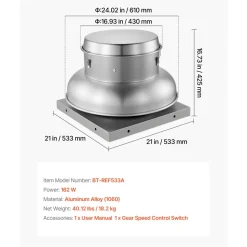 VEVOR Roof Exhaust Fan, Attic Vent Fan with High-Power Motor, 21 inch Fan Base Heavy-Duty Aluminum Alloy, Speed Control Adjustable Airflow 500/900 CFM, Compact for Garage,Kitchen,Bathroom, Silver
