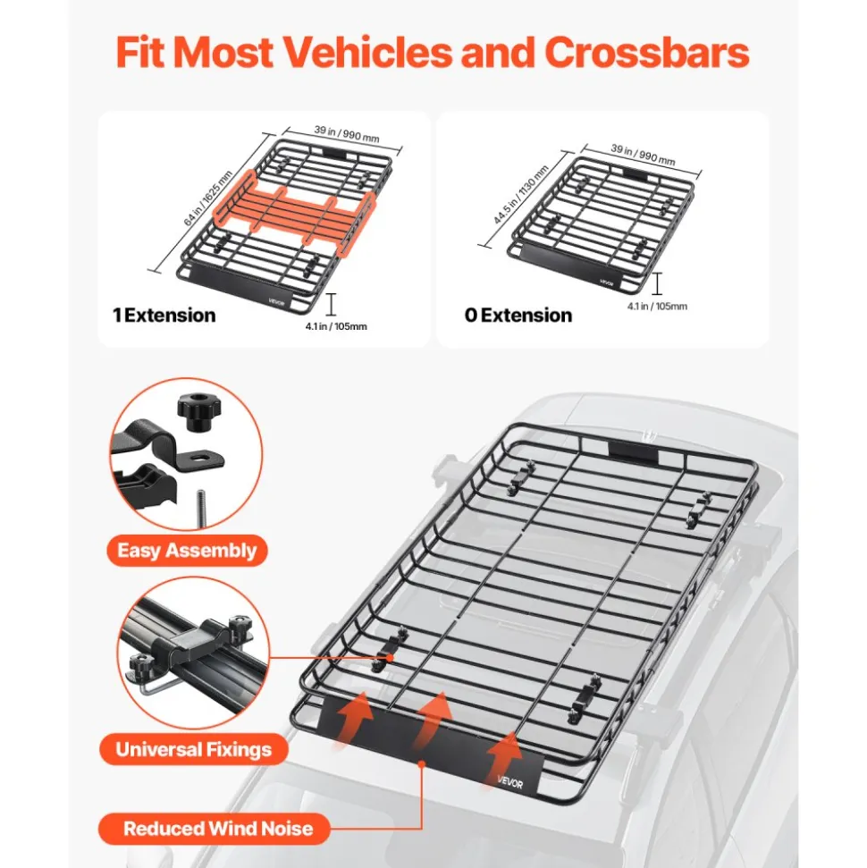 VEVOR Roof Rack Basket, 64 x 39 x 4.1 in, Universal Rooftop Cargo Carrier with 44.1 x 34.3 x 10.2 in Cargo Bag, Net, Ratchet Straps, 250 lbs Max Load Capacity Car Top Luggage Holder, for SUV Truck Car
