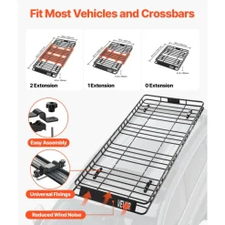 VEVOR Roof Rack Basket, 84 x 39 x 4.1 in, Universal Rooftop Cargo Carrier with 7.9 x 3.9 x 10.2 in Cargo Bag, Net, Ratchet Straps, 250 lbs Max Load Capacity Car Top Luggage Holder, for SUV Truck Car