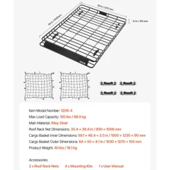 VEVOR Roof Rack Basket, 64 x 50 x 4.1 in, Universal Rooftop Cargo Carrier with Two 35.4 x 39.4 in Cargo Net,150 lbs Max Car Top Luggage Holder, 4.1 in Fence, Anti-Rust Alloy Steel, for SUV Truck Car
