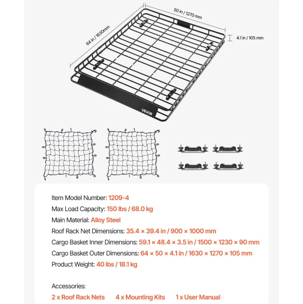 VEVOR Roof Rack Basket, 64 x 50 x 4.1 in, Universal Rooftop Cargo Carrier with Two 35.4 x 39.4 in Cargo Net,150 lbs Max Car Top Luggage Holder, 4.1 in Fence, Anti-Rust Alloy Steel, for SUV Truck Car
