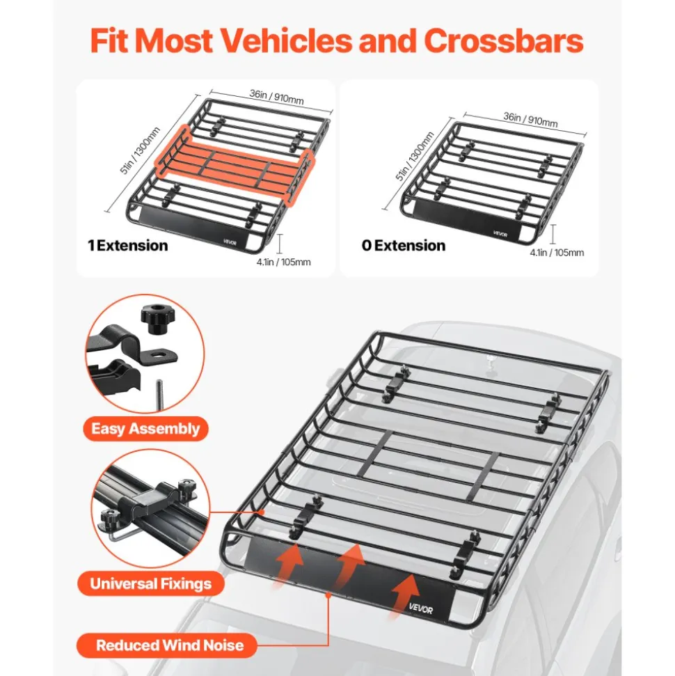 VEVOR Roof Rack Basket, 51 x 36 x 4.1 in, Universal Rooftop Cargo Carrier with 1120 x 870 x 260 mm Cargo Bag, Net, Ratchet Straps, 200 lbs Max Load Capacity Car Top Luggage Holder, for SUV Truck Car