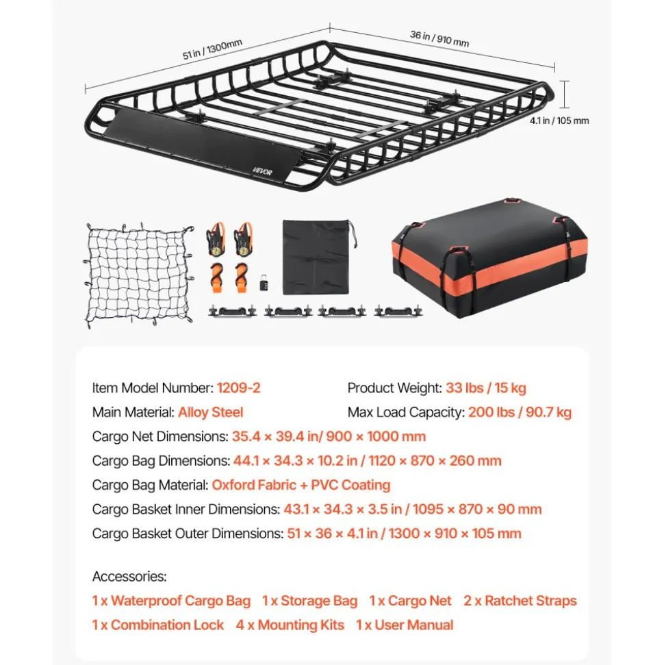 VEVOR Roof Rack Basket, 51 x 36 x 4.1 in, Universal Rooftop Cargo Carrier with 1120 x 870 x 260 mm Cargo Bag, Net, Ratchet Straps, 200 lbs Max Load Capacity Car Top Luggage Holder, for SUV Truck Car