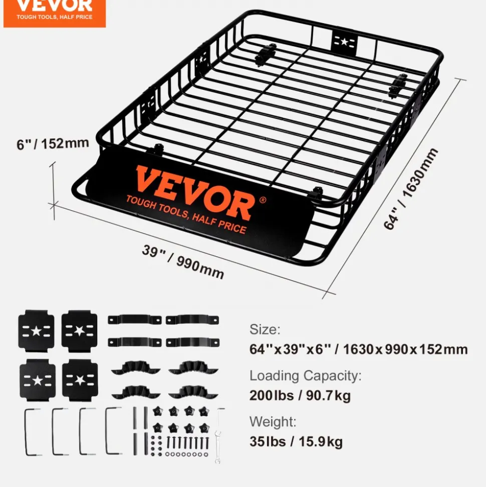 VEVOR Roof Rack Cargo Basket, 64" x 39" x 6" Rooftop Cargo Carrier with Extension, Heavy-duty Steel 200 LBS Capacity Universal Roof Rack Basket, Luggage Holder for SUV, Truck