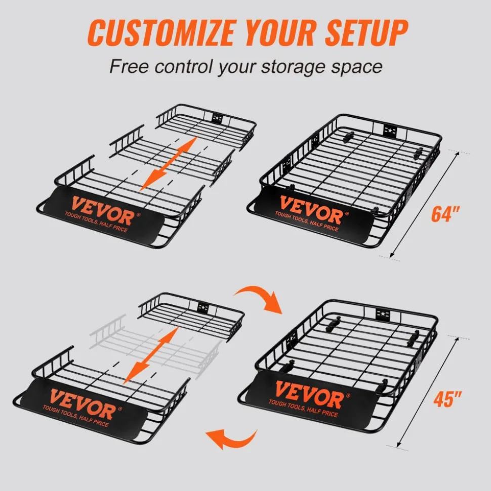 VEVOR Roof Rack Cargo Basket, 64" x 39" x 6" Rooftop Cargo Carrier with Extension, Heavy-duty Steel 200 LBS Capacity Universal Roof Rack Basket, Luggage Holder for SUV, Truck