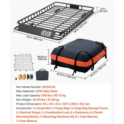 VEVOR Roof Rack Cargo Basket, 54 x 34 x 4 in, Heavy Duty Roof Top Carrier Basket with Waterproof Bag, Cargo Net, Ratchet Straps, 200 lbs Capacity, Universal Car Top Luggage Holder, for SUV Truck Car