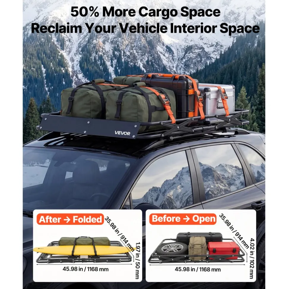 VEVOR Roof Rack Cargo Basket, 46 x 36 x 4 in, Heavy Duty Roof Top Carrier Basket with Folding Design, 200 lbs Capacity, All-Weather Easy-Install Car Top Luggage Holder, Universal Fit for SUV Truck Car