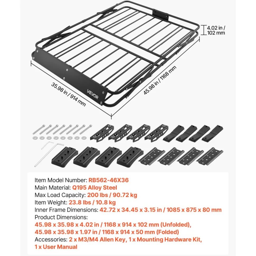 VEVOR Roof Rack Cargo Basket, 46 x 36 x 4 in, Heavy Duty Roof Top Carrier Basket with Folding Design, 200 lbs Capacity, All-Weather Easy-Install Car Top Luggage Holder, Universal Fit for SUV Truck Car