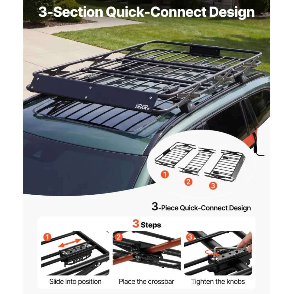VEVOR Roof Rack Cargo Basket, 64 x 39 x 4 in, Heavy Duty Roof Top Carrier Basket with Folding Design, 200 lbs Capacity, All-Weather Easy-Install Car Top Luggage Holder, Universal Fit for SUV Truck Car