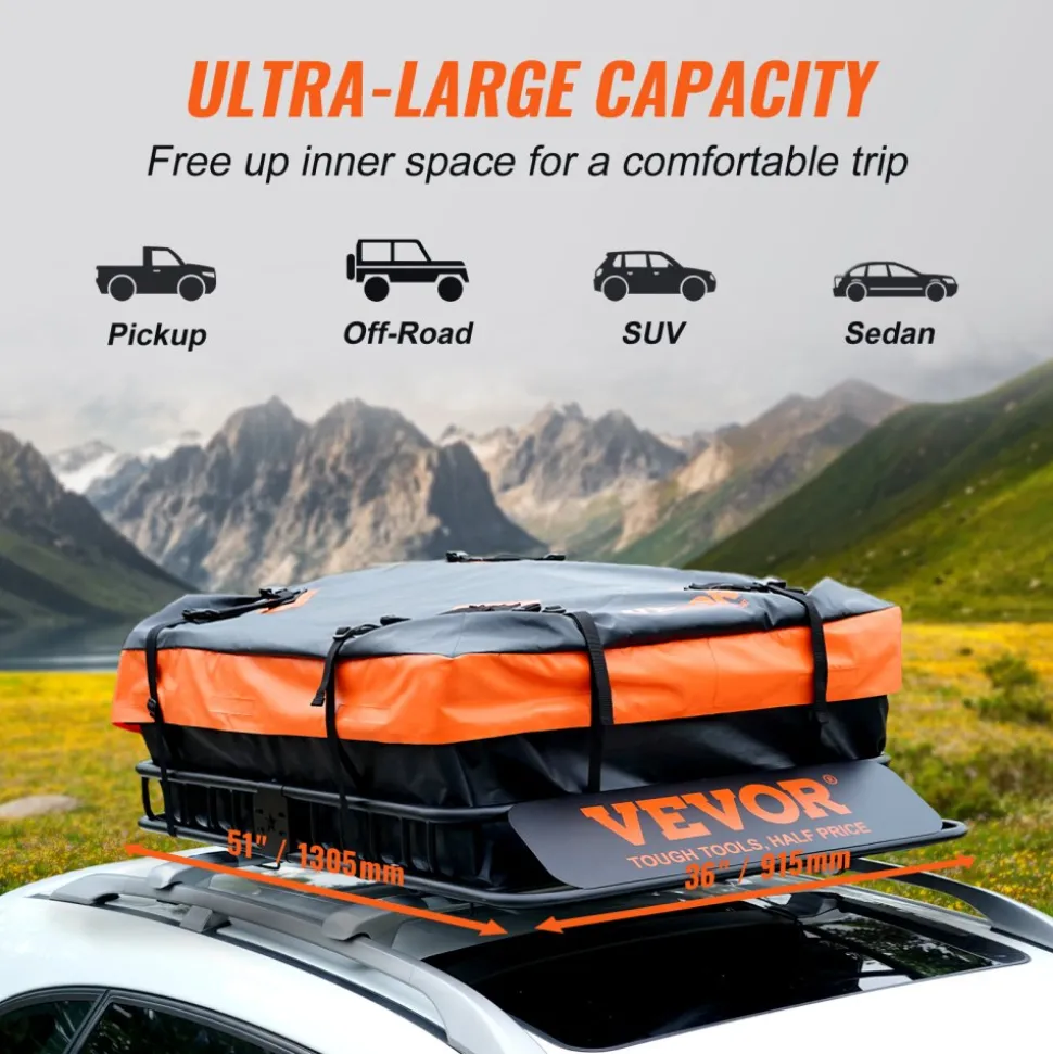 VEVOR Roof Rack Cargo Basket, 51" x 36" x 5" Rooftop Cargo Carrier w/ 15 Cu Ft Waterproof Cargo Bag, 200 LBS Capacity Universal Rack Carrier for SUV, Truck