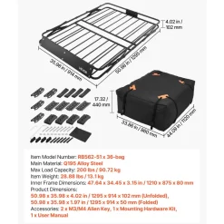 VEVOR Roof Rack Cargo Basket, 51 x 36 x 4 in, Heavy Duty Roof Top Carrier Basket with Folding Design, 200 lbs Capacity, All-Weather Easy-Install Car Top Luggage Holder, Universal Fit for SUV Truck Car