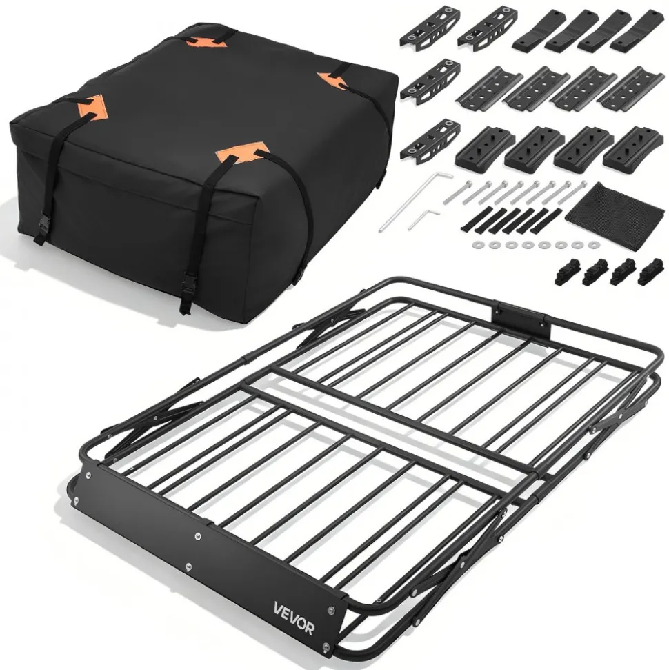 VEVOR Roof Rack Cargo Basket, 51 x 36 x 4 in, Heavy Duty Roof Top Carrier Basket with Folding Design, 200 lbs Capacity, All-Weather Easy-Install Car Top Luggage Holder, Universal Fit for SUV Truck Car