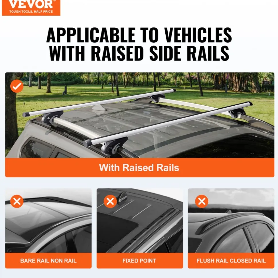 VEVOR Roof Rack Cross Bars, Aluminum Roof Rack Crossbars, Fit Raised Side Rail with Gap, 200 lbs Load Capacity, Adjustable Crossbars with Locks, for SUVs, Sedans, and Vans