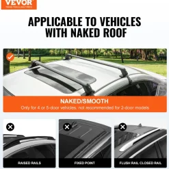 VEVOR Roof Rack Cross Bars, Aluminum Roof Rack Crossbars, Fit Roof without Side Rail, 155 lbs Load Capacity, Adjustable Bare Roof Crossbars with Locks, for SUVs, Sedans, and Vans