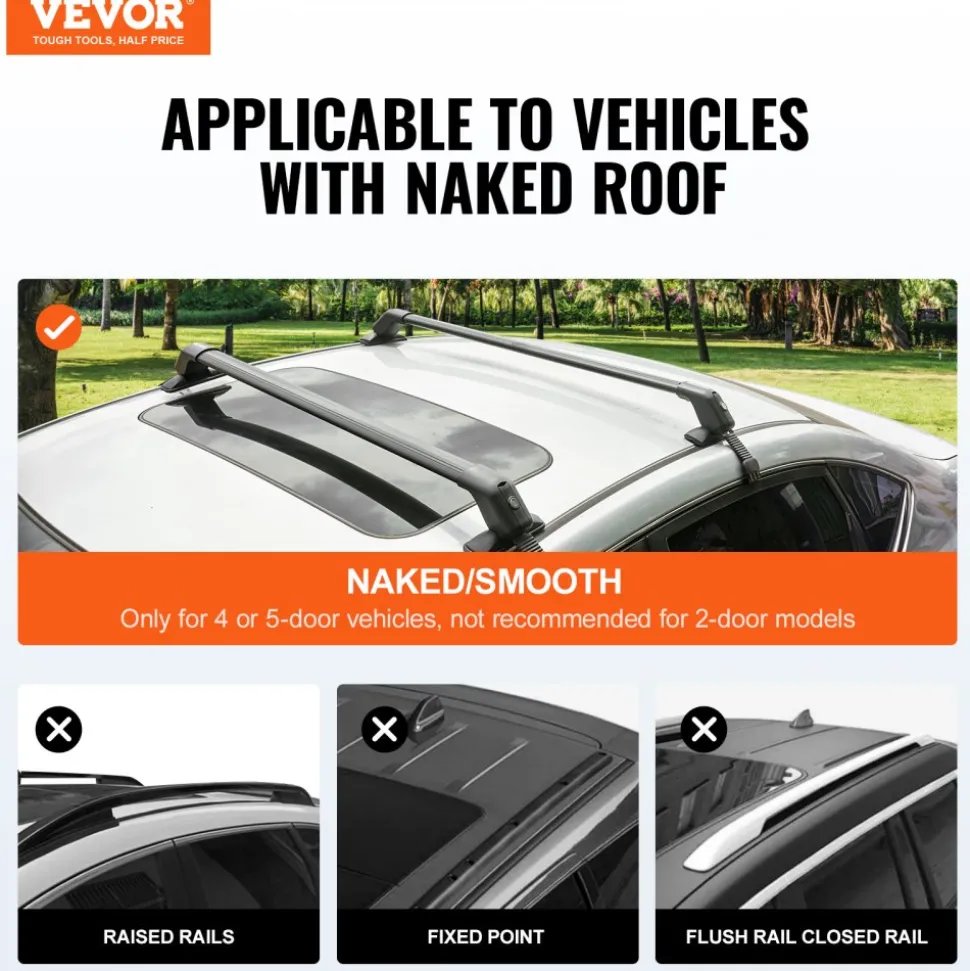 VEVOR Roof Rack Cross Bars, Aluminum Roof Rack Crossbars, Fit Roof without Side Rail, 155 lbs Load Capacity, Adjustable Bare Roof Crossbars with Locks, for SUVs, Sedans, and Vans