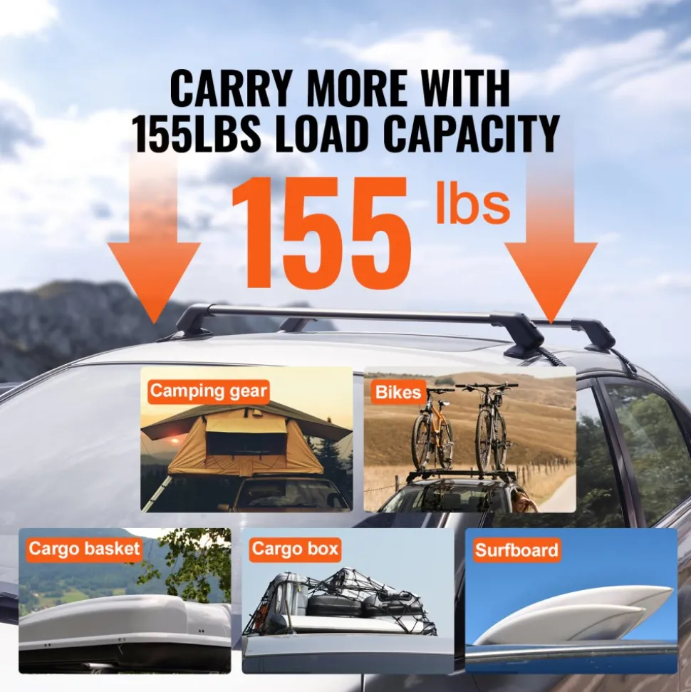 VEVOR Roof Rack Cross Bars, Aluminum Roof Rack Crossbars, Fit Roof without Side Rail, 155 lbs Load Capacity, Adjustable Bare Roof Crossbars with Locks, for SUVs, Sedans, and Vans