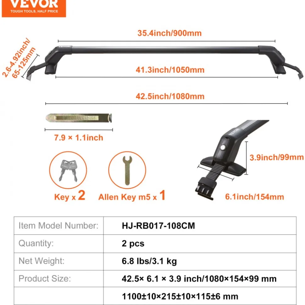 VEVOR Roof Rack Cross Bars, Aluminum Roof Rack Crossbars, Fit Roof without Side Rail, 155 lbs Load Capacity, Adjustable Bare Roof Crossbars with Locks, for SUVs, Sedans, and Vans