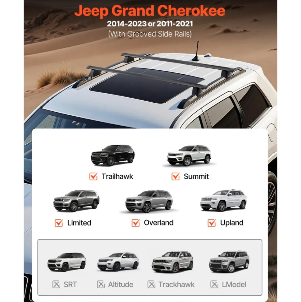 VEVOR Roof Rack Cross Bars, Fits Jeep Grand Cherokee 2011-2021 (With Grooved Side Rails), 200 LBS Capacity, Lockable Heavy Duty Aluminum Crossbar Racks Roof Rail Rooftop Luggage Canoe