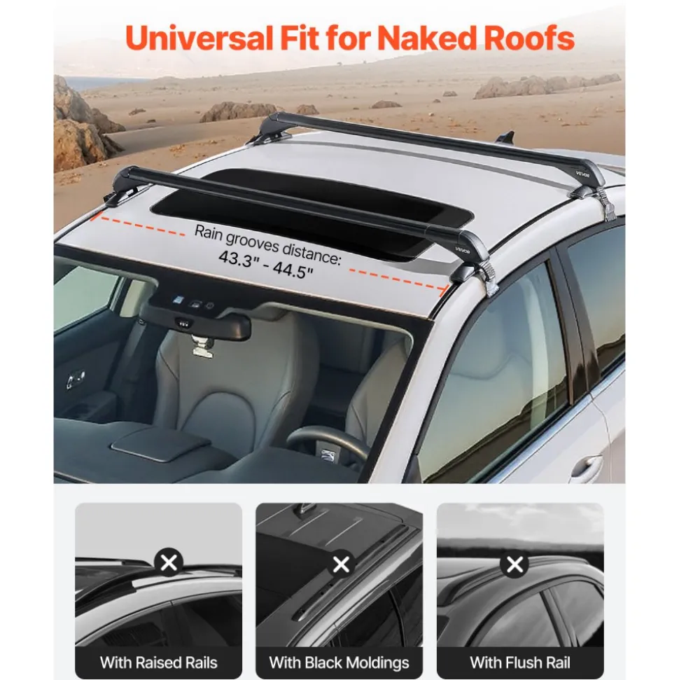 VEVOR Roof Rack Cross Bars, Universal Fit for Naked Roofs Without Raised Rails/Flush Rail/Black Moldings, 165 LBS Capacity, Lockable Heavy Duty Aluminum Crossbar Racks Roof Rail Rooftop Luggage Canoe
