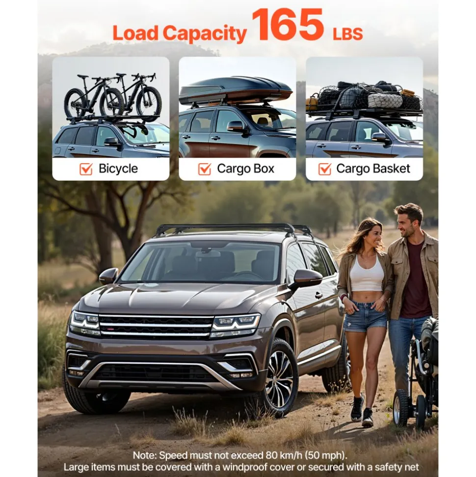 VEVOR Roof Rack Cross Bars, Universal Fit for Naked Roofs Without Raised Rails/Flush Rail/Black Moldings, 165 LBS Capacity, Lockable Heavy Duty Aluminum Crossbar Racks Roof Rail Rooftop Luggage Canoe