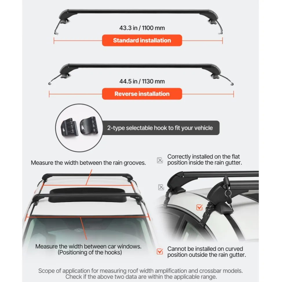 VEVOR Roof Rack Cross Bars, Universal Fit for Naked Roofs Without Raised Rails/Flush Rail/Black Moldings, 165 LBS Capacity, Lockable Heavy Duty Aluminum Crossbar Racks Roof Rail Rooftop Luggage Canoe