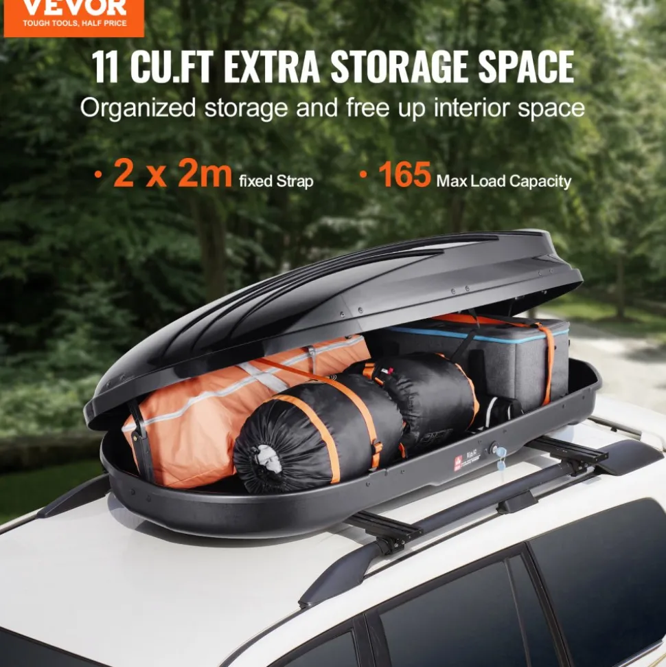 VEVOR Rooftop Cargo Carrier, 11 Cubic Feet Roof Cargo Box, ABS Hard Shell Roof Box, with Dual-Sided Opening and 2 Reinforced Straps, Aerodynamic, Suitable for most Crossbar, for Car, Wagon, SUV, Black