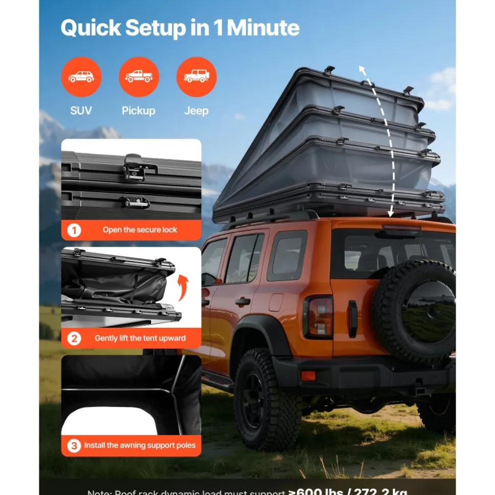 VEVOR Rooftop Tent Hard Shell, 2-3 Person Aluminum Roof Top Tent Hardshell with Tri-Color LED Light, Thick Mattress & Window, Waterproof Windproof Overland Camping Car Roof Rack for Jeep SUV Pickup
