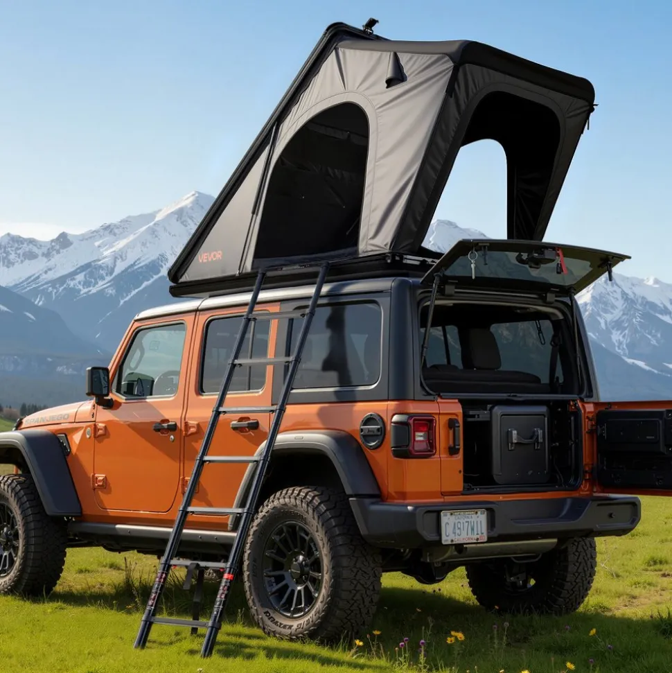 VEVOR Rooftop Tent Hard Shell, 2-3 Person Aluminum Roof Top Tent Hardshell with Tri-Color LED Light, Thick Mattress & Window, Waterproof Windproof Overland Camping Car Roof Rack for Jeep SUV Pickup
