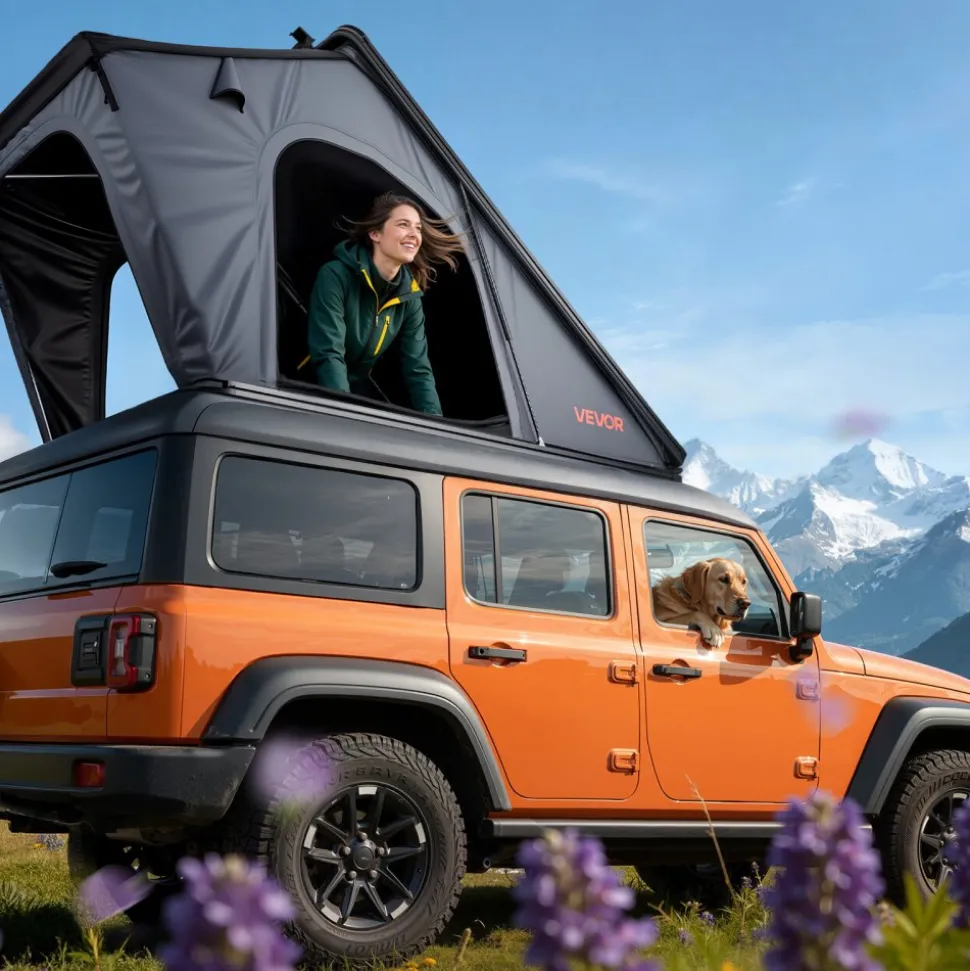 VEVOR Rooftop Tent Hard Shell, 2-3 Person Aluminum Roof Top Tent Hardshell with Tri-Color LED Light, Thick Mattress & Window, Waterproof Windproof Overland Camping Car Roof Rack for Jeep SUV Pickup