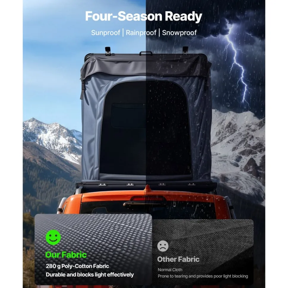 VEVOR Rooftop Tent Hard Shell, 2-3 Person Aluminum Roof Top Tent Hardshell with Tri-Color LED Light, Thick Mattress & Window, Waterproof Windproof Overland Camping Car Roof Rack for Jeep SUV Pickup