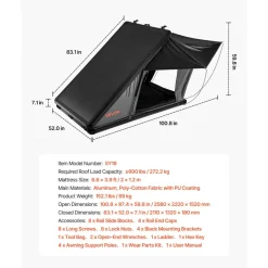 VEVOR Rooftop Tent Hard Shell, 2-3 Person Aluminum Roof Top Tent Hardshell with Tri-Color LED Light, Thick Mattress & 1 Window, Waterproof Windproof Overland Camping Car Roof Rack for Jeep SUV Pickup