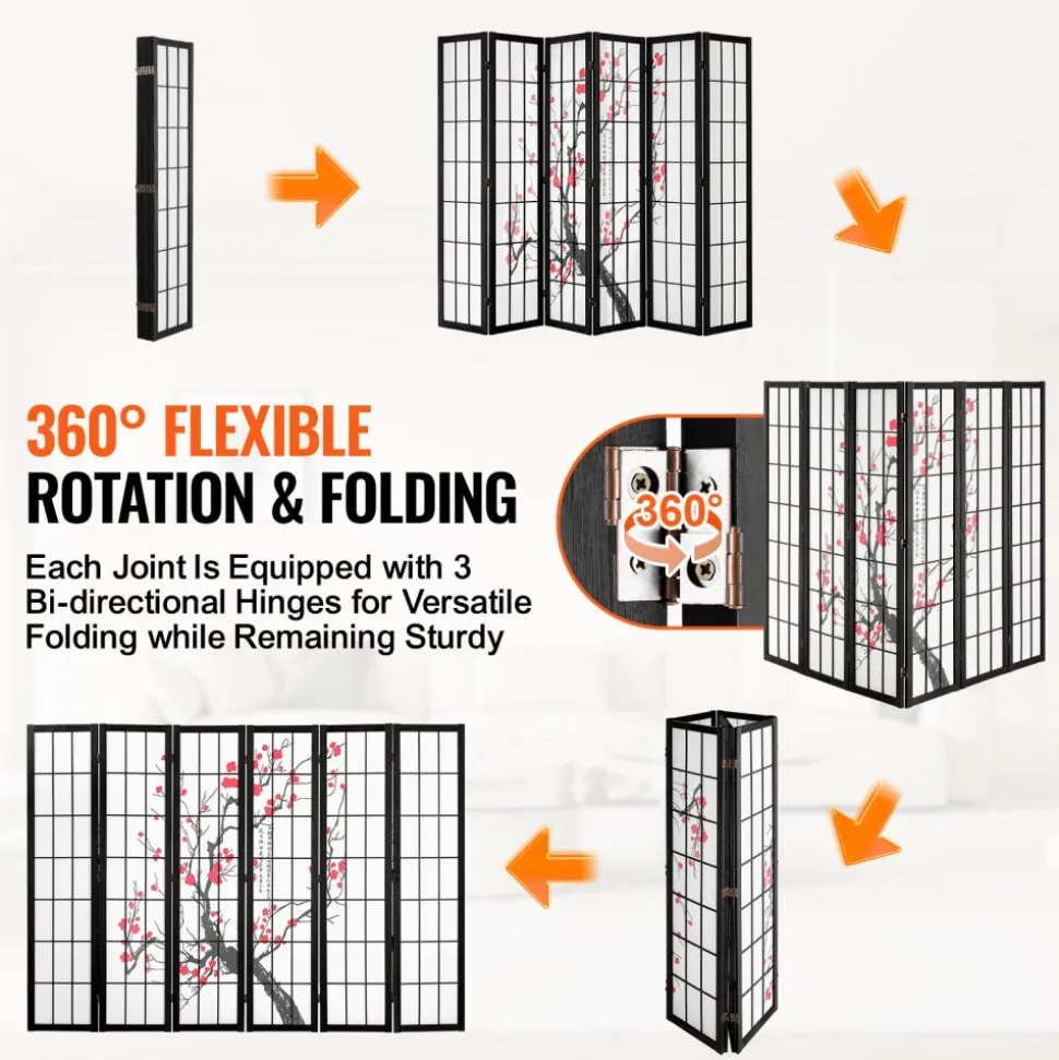 VEVOR Room Divider, 6 Panel Japanese Room Divider Screen, Wood Folding Privacy Screen Indoor, Japanese Partition Portable Decoration Dividers, for Room Separation Home Office Restaurant & Bedroom