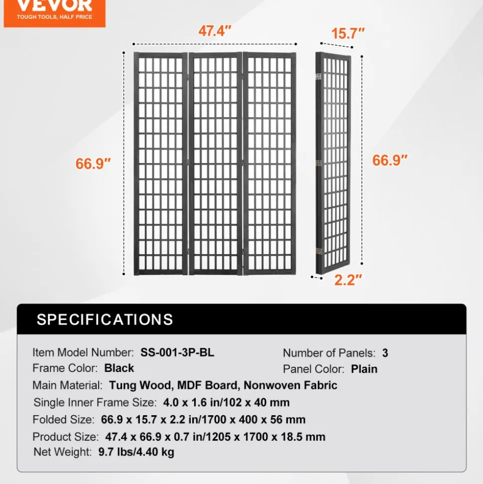 VEVOR Room Divider, 3 Panel Japanese Room Divider, Wood Folding Privacy Screen Indoor, Japanese Partition Dividers Portable Decoration Screens, for Room Separation Home Office Restaurant & Bedroom