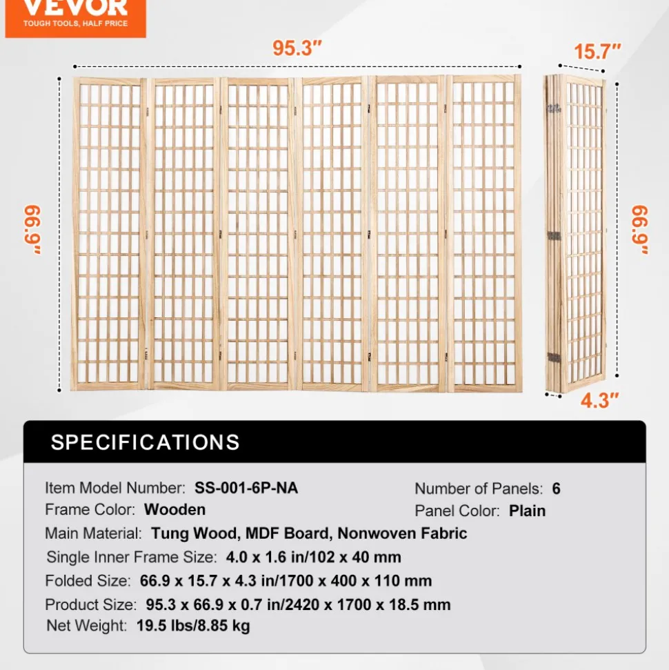 VEVOR Room Divider, 6 Panel Japanese Room Divider, Wood Folding Privacy Screen Indoor, Japanese Partition Dividers Portable Decoration Screens, for Room Separation Home Office Restaurant & Bedroom