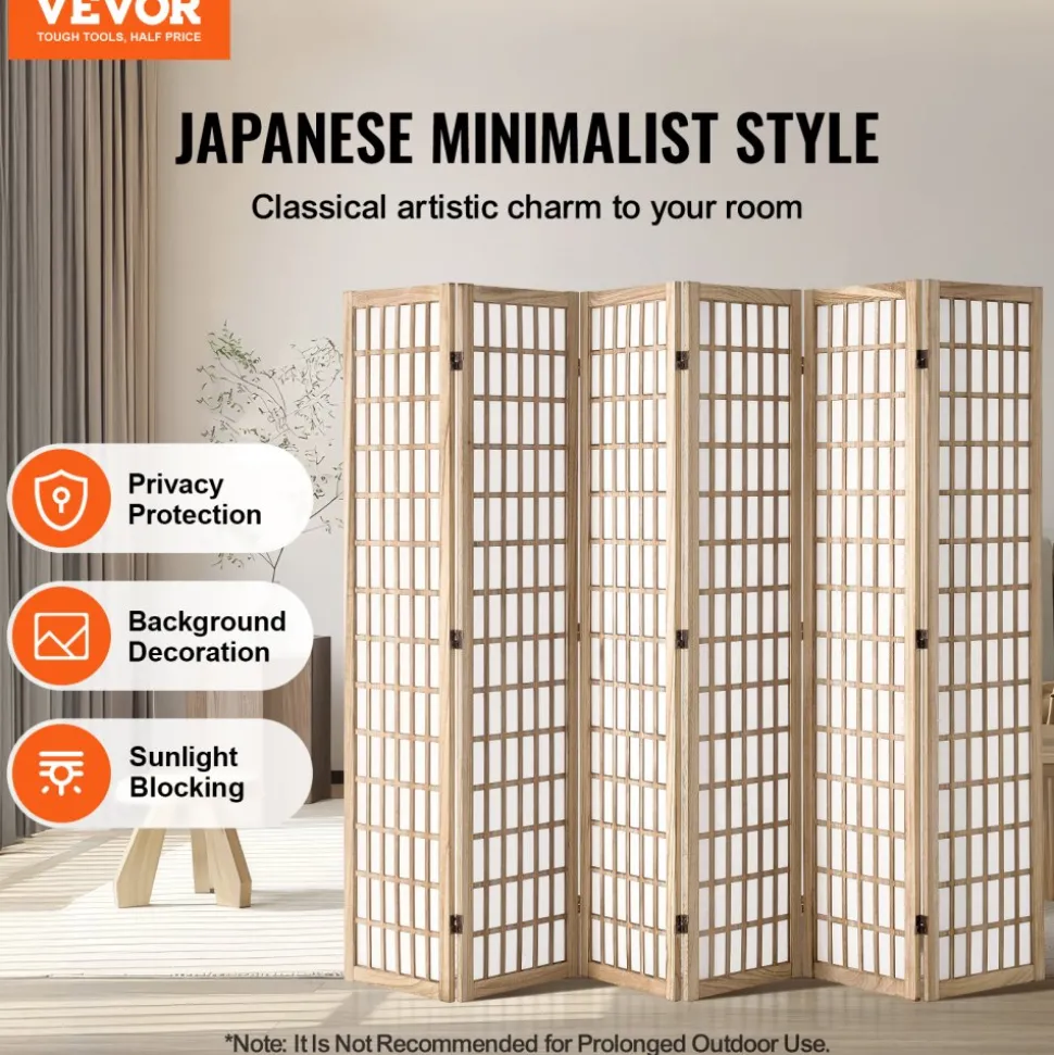VEVOR Room Divider, 6 Panel Japanese Room Divider, Wood Folding Privacy Screen Indoor, Japanese Partition Dividers Portable Decoration Screens, for Room Separation Home Office Restaurant & Bedroom