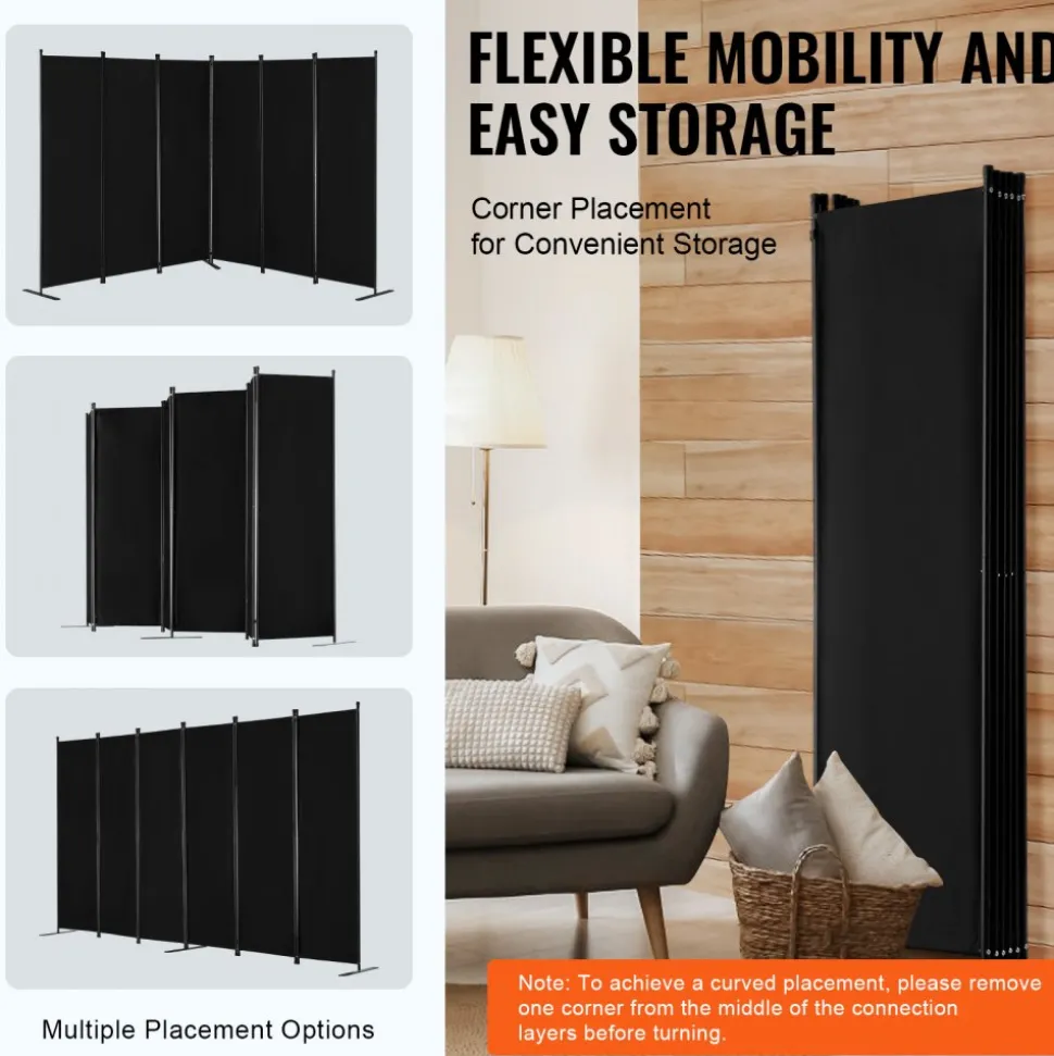 VEVOR Room Divider, 6 Panel Room Divider, Folding Privacy Screen and Portable Partition Divider for Room Separation, Freestanding Room Partitions for Office, Bedroom, Study, Black