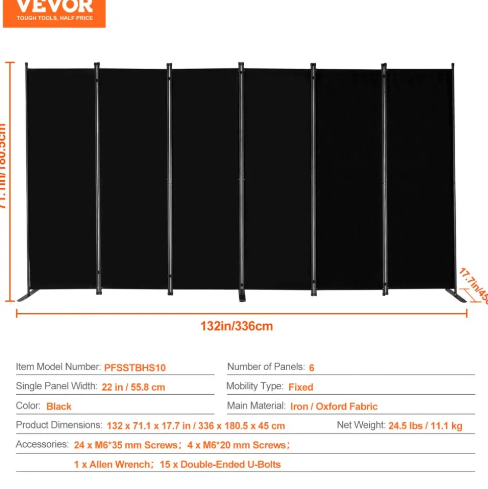 VEVOR Room Divider, 6 Panel Room Divider, Folding Privacy Screen and Portable Partition Divider for Room Separation, Freestanding Room Partitions for Office, Bedroom, Study, Black