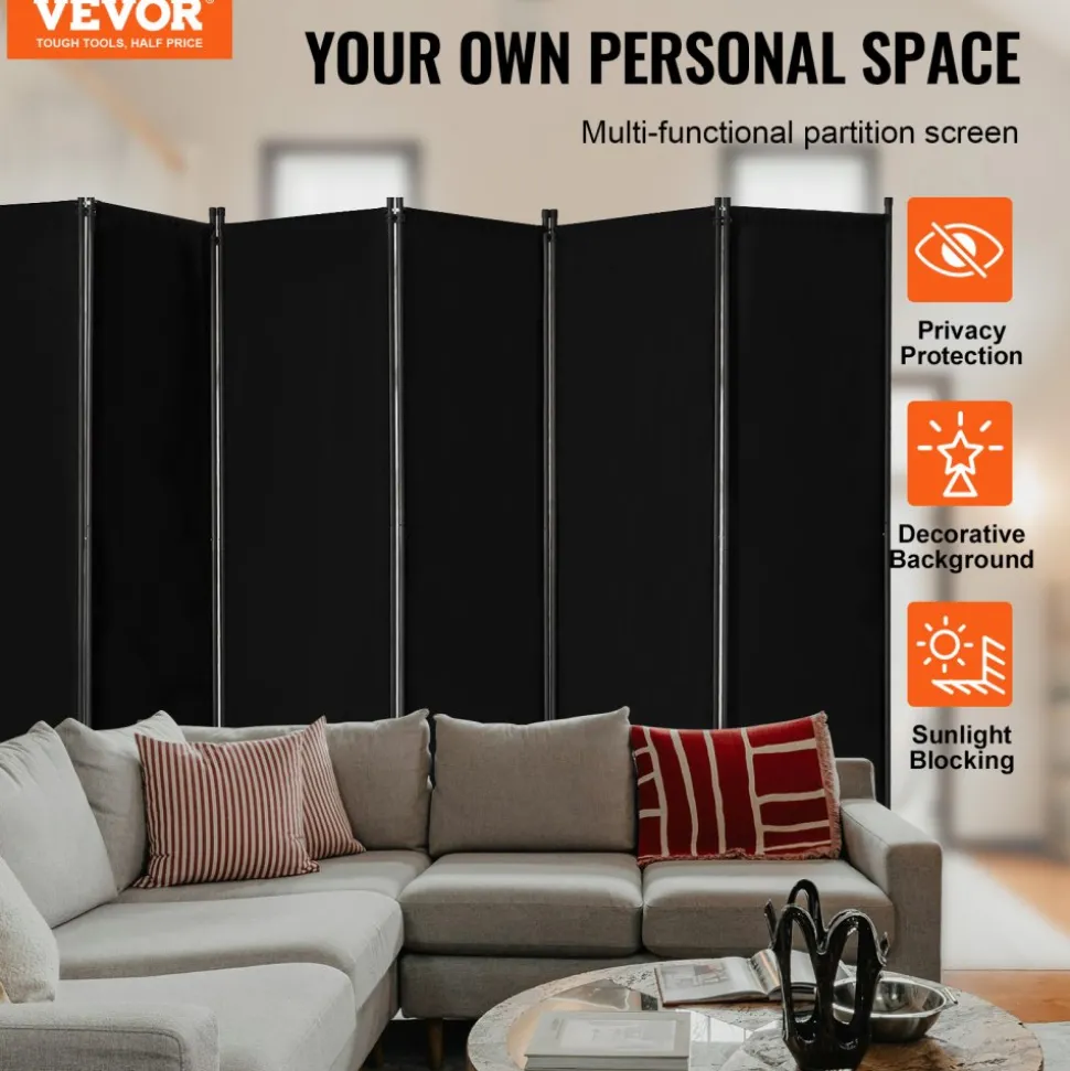 VEVOR Room Divider, 6 Panel Room Divider, Folding Privacy Screen and Portable Partition Divider for Room Separation, Freestanding Room Partitions for Office, Bedroom, Study, Black