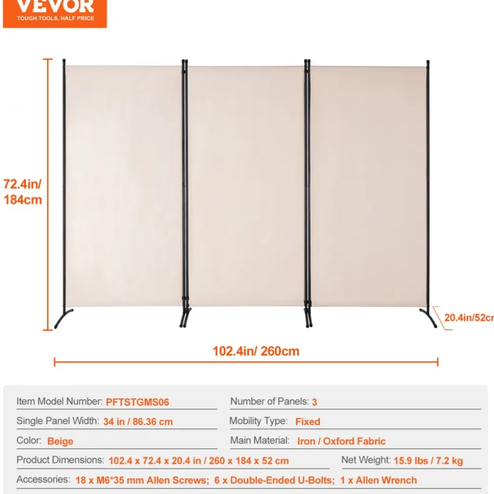 VEVOR Room Divider, 3 Panel Room Divider, Folding Privacy Screen and Portable Partition Divider for Room Separation, Freestanding Room Partitions for Office, Bedroom, Study, Beige