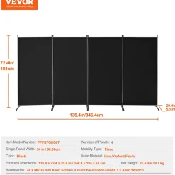 VEVOR Room Divider, 4 Panel Room Divider, Folding Privacy Screen and Portable Partition Divider for Room Separation, Freestanding Room Partitions for Office, Bedroom, Study, Black