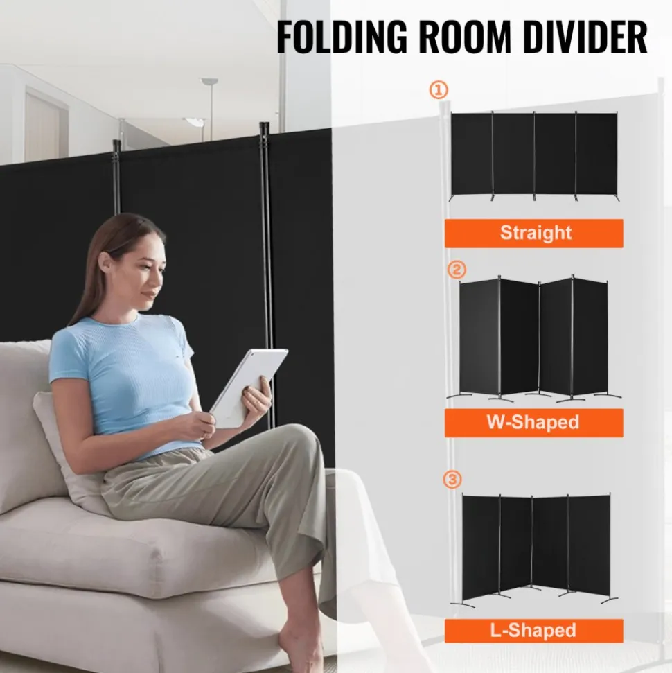 VEVOR Room Divider, 4 Panel Room Divider, Folding Privacy Screen and Portable Partition Divider for Room Separation, Freestanding Room Partitions for Office, Bedroom, Study, Black