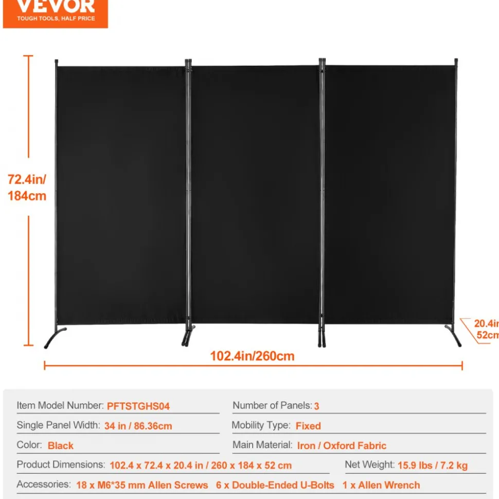 VEVOR Room Divider, 3 Panel Room Divider, Folding Privacy Screen and Portable Partition Divider for Room Separation, Freestanding Room Partitions for Office, Bedroom, Study, Black