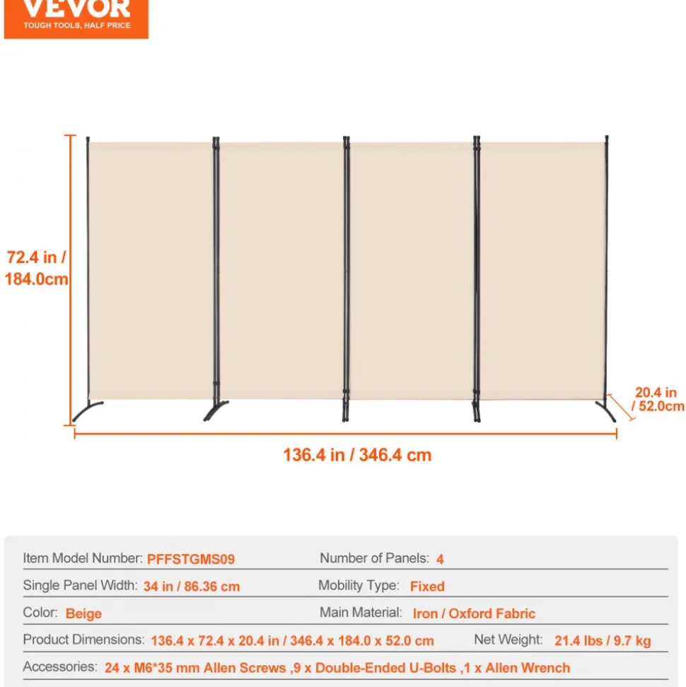 VEVOR Room Divider, 4 Panel Room Divider, Folding Privacy Screen and Portable Partition Divider for Room Separation, Freestanding Room Partitions for Office, Bedroom, Study, Beige
