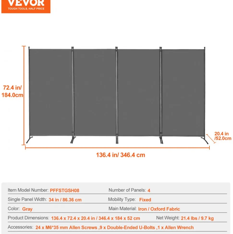 VEVOR Room Divider, 4 Panels Room Divider, Folding Privacy Screen and Portable Partition Divider for Room Separation, Freestanding Room Partitions for Office, Bedroom, Study, Grey