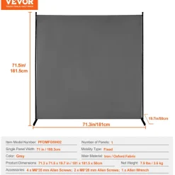 VEVOR Room Divider, Single Panel Room Divider, 6FT Privacy Screen Indoor, Partition Divider for Room Separation, Freestanding Room Divider Panel for Office, Bedroom, Grey